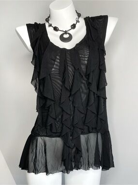 Black Ruffled Sheer Sleeveless Top